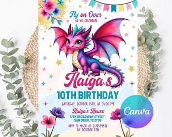 Editable Purple Dragon Invitation, Girl Dragon Birthday Party Invitation, Dragon Invitation, Purple Dragon, Instant Download