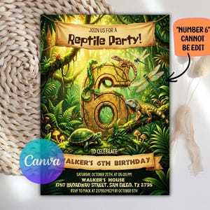 Invitación de cumpleaños para niños de 6 años con temática de reptiles, lagartos, serpientes y camaleones, plantilla editable de Canva.