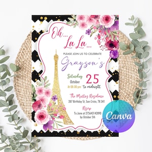 Paris Invitation, Paris Birthday Invitation, Paris Party Invite, French Theme Invitation, Editable in Canva