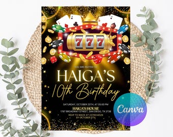 Faire-part d'anniversaire casino, Faire-part d'anniversaire modifiable sur le thème du casino, Fête d'anniversaire de fiançailles au casino poker, Invitation casino, Numérique