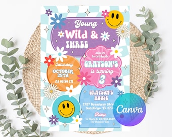 Checkered Smile Third Birthday Invitation, Retro Groovy (Editable)