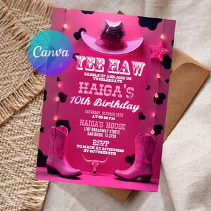Cowgirl Birthday Invitation, Nashville Party, Pink Cowgirl Party Invite, Space Cowgirl Birthday, Disco Rodeo Invite, Editable Canva Template
