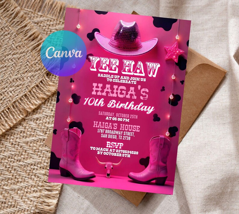 Cowgirl Birthday Invitation, Nashville Party, Pink Cowgirl Party Invite, Space Cowgirl Birthday, Disco Rodeo Invite, Editable Canva Template