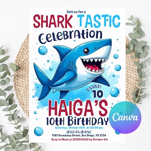 Shark Invitation, Shark Invites, Shark Birthday Invitation, Shark Invitation, Kids Birthday Party Invites, Editable Invitation Canva