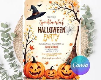 May include: Halloween party invitation with a witch's hat, pumpkins, and fall foliage. The invitation reads "Spooktacular Halloween Party" with event details. Includes a broom, spider web, and the Canva logo.