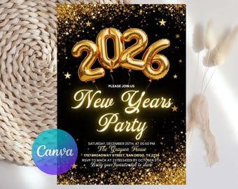 Editable New Years Eve Party Invitation, 2026 New Year’s Party Invite, Gold Glitter New Year Invite, NYE Party, New Years Eve Evite