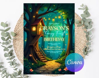 Invitación de cumpleaños de bosque encantado, invitación rústica de hadas del bosque, polvo de hadas de jardín mágico, fiesta de cumpleaños encantada caprichosa, Canva