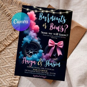 Editable Burnouts or Bows Gender Reveal Baby Shower Invitation, Boy or Girl, He or She Gender Reveal Invite, Burnouts or Bows Invitation