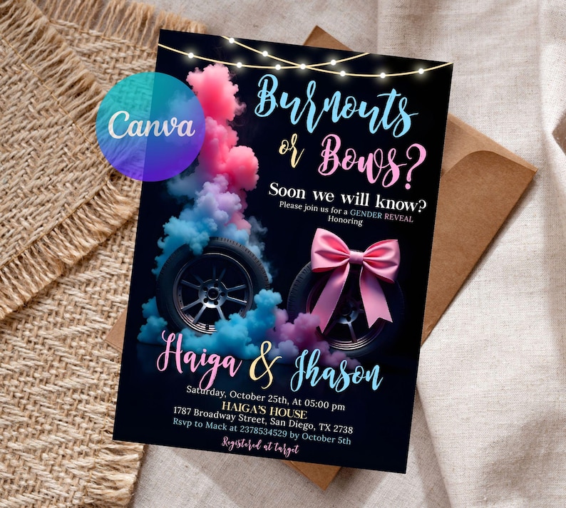 Editable Burnouts or Bows Gender Reveal Baby Shower Invitation, Boy or Girl, He or She Gender Reveal Invite, Burnouts or Bows Invitation