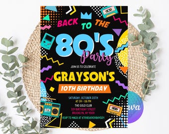 Editable 80's Birthday Invitation, 80's Party Invitation, 80's Invitation, 80’s Birthday Party Invitation with CANVA