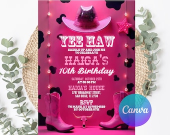 Invitación de cumpleaños de vaquera, fiesta de Nashville, invitación de fiesta de vaquera rosa, cumpleaños de vaquera espacial, invitación de rodeo disco, plantilla de Canva editable