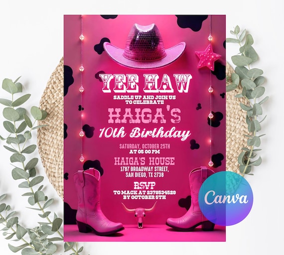 Cowgirl Birthday Invitation, Nashville Party, Pink Cowgirl Party Invite, Space Cowgirl Birthday, Disco Rodeo Invite, Editable Canva Template