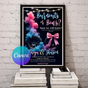 Editable Burnouts or Bows Gender Reveal Baby Shower Invitation, Boy or Girl, He or She Gender Reveal Invite, Burnouts or Bows Invitation