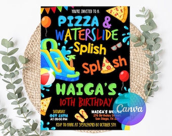 Pizza and Waterslide Party Invitation, End of School Party, Printable Invite Back to School, Summer Kids Boys Birthday, EDITABLE TEMPLATE