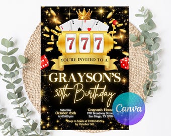 Editable Casino Birthday Invitation, Poker Theme (Canva Template)