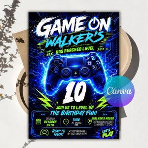 Video Game Party Invitation, Green Gamer Birthday Invitation, Level Up Birthday Invitation, Gamer Boy Template, Editable Canva Template