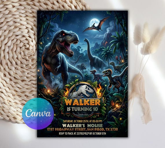 Dinosaur Invitation, Dinosaur Birthday Party Invitation, Dinosaur World Invite, T-Rex Party Invite, Jurassic Birthday Invite, Editable Canva