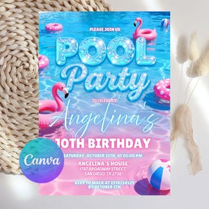 May include: A vibrant pool party invitation with a blue and pink gradient. The words "Pool Party" are in large, sparkling letters. Pink flamingo floaties and a beach ball are also featured. The invitation is for Angelina's 10th birthday.