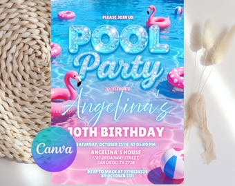 Convite de aniversário para festa na piscina para meninas - Modelo editável - Convite para festa de aniversário na piscina - Convite de aniversário para meninas adolescentes - Download digital