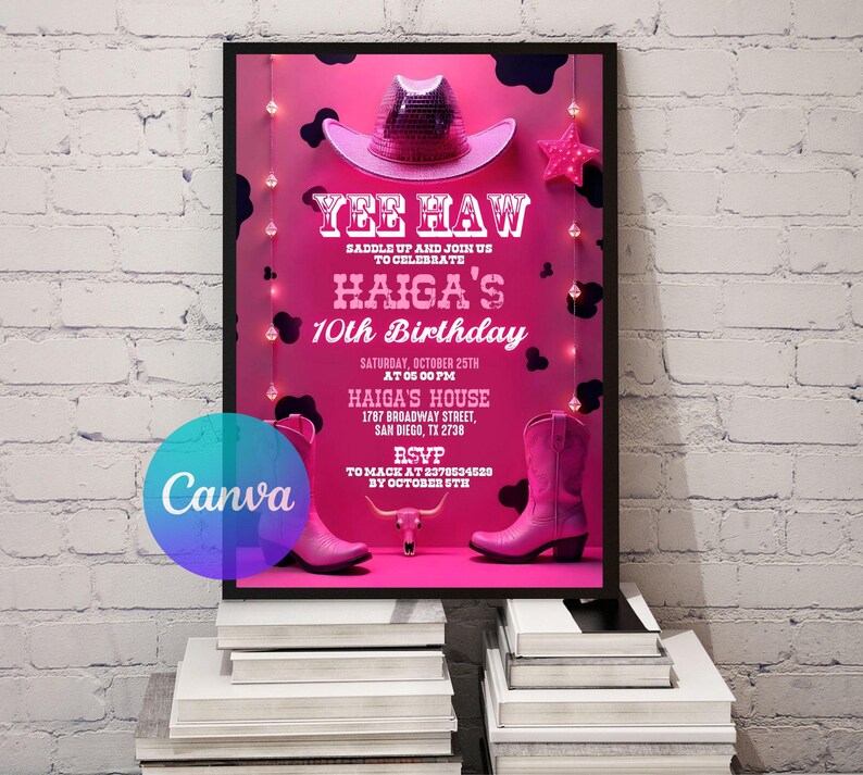 Cowgirl Birthday Invitation, Nashville Party, Pink Cowgirl Party Invite, Space Cowgirl Birthday, Disco Rodeo Invite, Editable Canva Template