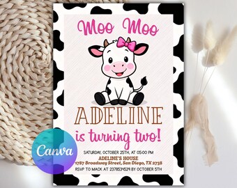 Faire-part d'anniversaire Moo Moo j'ai deux ans, 2e anniversaire vache rose, Invitation fête d'anniversaire ferme, anniversaire sur le thème de la vache, toile modifiable