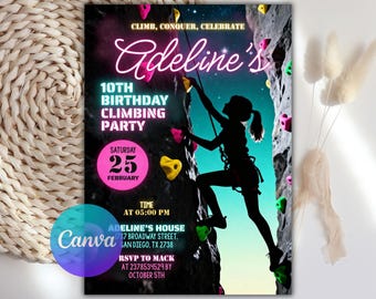 May include: A party invitation with a climbing theme. The invitation features a silhouette of a person climbing a rock wall, with the text "Adeline's 10th Birthday Climbing Party". The date is February 25th.