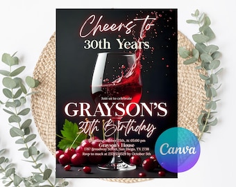 Op de afbeelding: Een verjaardagsuitnodiging met een wijnglas en kersen. De tekst luidt "Cheers to 30th Years" en "GRAYSON'S 30th Birthday". De uitnodiging bevat evenementdetails: datum, tijd, locatie en RSVP-informatie.