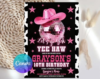 Pink Cowgirl Birthday Invitation, Cowgirl Hoedown Birthday Party Invite, Disco Cowgirl Hoedown Party , Disco Rodeo Invite, Editable Canva