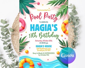 Può includere: Un colorato invito a una festa in piscina con il testo "Pool Party" e "10° compleanno di Hagia". Il design include illustrazioni di galleggianti per piscina, foglie di palma e acqua. L'invito include anche la data, l'ora e il luogo della festa.