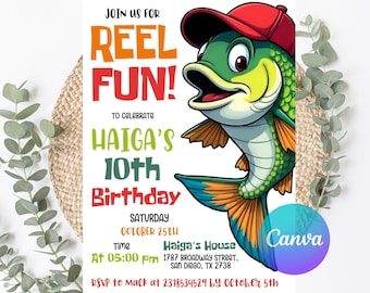 Plantilla editable de invitación de cumpleaños de pesca, invitación de pesca, invitación de cumpleaños de pesca, disfruta de la diversión, invitación de cumpleaños de niño imprimible