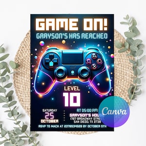 Op de afbeelding: Een levendige uitnodiging met een neon-stijl ontwerp. De tekst "GAME ON!" en "LEVEL 10" zijn prominent aanwezig, samen met een afbeelding van een gamecontroller. De uitnodiging bevat evenementdetails: datum, tijd, locatie en RSVP-informatie.