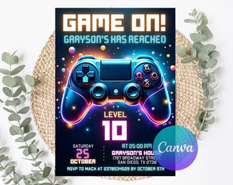 May include: A brightly coloured invitation with a neon design. The text "GAME ON!" and "LEVEL 10" are featured, along with a graphic of a game controller. The invitation includes event details: date, time, location, and RSVP information.