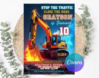 Construction Invitation, Construction Birthday Invitations, Excavator Invitation, Dump Truck Party Invite, Editable Canva