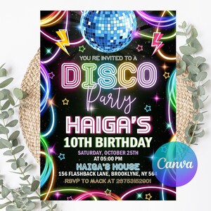 Editable Disco Party Birthday Invitation, Disco Ball Birthday Party Invite, Disco Party Invite, Neon Glow Party, 80s Party,Editable Template