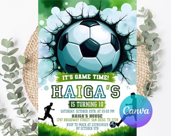 Plantilla editable de invitación de cumpleaños de fútbol, invitación de fútbol, invitación de fútbol infantil, descarga instantánea, Canva. Invitación de fútbol "Let's Kick it"