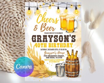 40th Cheers and Beers Surprise Birthday Party Invitation, Shhh It's a Surprise Beer Celebration Invite, 30th 40th 50th Invite,Editable CANVA