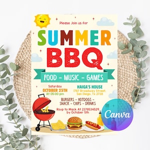 May include: A colorful invitation for a summer BBQ, featuring the text "SUMMER BBQ" in large, vibrant letters. The invitation includes details for food, music, and games, with a cartoon sun and images of burgers, hotdogs, and chips.