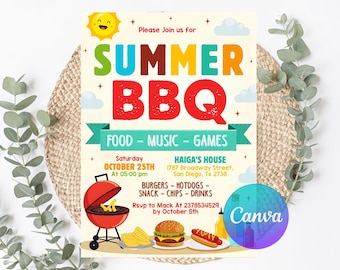 Summer BBQ Party Flyer Editable Template, DIY Cookout Invitation, Editable in Canva