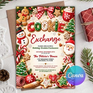 Pode incluir: Um cartão de convite retangular para festas intitulado Cookie Exchange com bonecos de gengibre, um boneco de neve, Papai Noel, bengalas doces, árvores de Natal e um laço vermelho. O texto inclui os detalhes do evento.