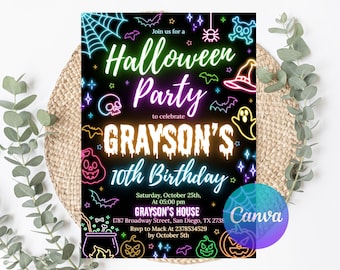 Neon Halloween Party Invitation, Spooktacular Costume Party, Neon Halloween DIY Kids Cute Invite, Halloween Party Invitation, Editable Canva