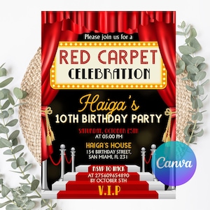 Editable Red Carpet Birthday Invitation, Red Carpet Event Hollywood Invitation, Red Carpet Party Printable with CANVA