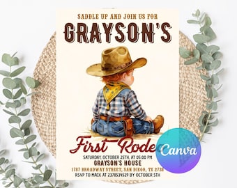Sjabloon eerste rodeo uitnodiging, wilde westen verjaardagsuitnodiging, jongen cowboy verjaardagsuitnodiging, mijn 1e rodeo-uitnodiging, 5 x 7 DIY bewerkbare Canva
