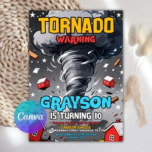 May include: A vibrant invitation featuring a tornado graphic. Text includes "Tornado Warning" and "Grayson is turning 10". The invitation provides party details: date, time, location, and RSVP information.
