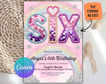 Convite de aniversário de 6 anos para menina, editável, com lantejoulas arco-íris e glitter, modelo para imprimir, festa de aniversário rosa, download instantâneo.