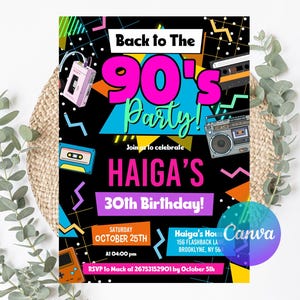 Editable 90s Birthday Party Invitation back to the 90s Neon party glow dance disco 2000s birthday 90s instant download, 90s Design Invite
