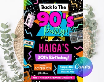Editable 90s Birthday Party Invitation back to the 90s Neon party glow dance disco 2000s birthday 90s instant download, 90s Design Invite
