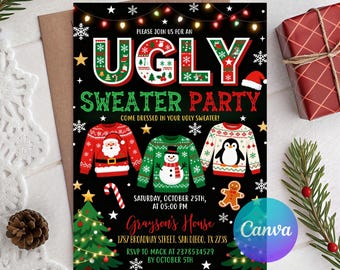 Può includere: Invito nero per una festa del maglione brutto. L'invito presenta le parole "Ugly Sweater Party" in caratteri festosi, insieme a illustrazioni di maglioni, un albero di Natale e un omino di pan di zenzero. Include i dettagli dell'evento.