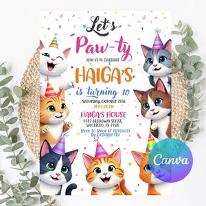 Cat Birthday Invitation, Cat Theme Birthday Invitation, Are You Kitten Me Birthday, Paw-ty Birthday Invite, Rainbow, Editable Template