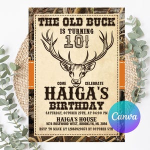 May include: A rustic birthday invitation with a deer illustration. The text reads "The Old Buck is Turning 10!" and includes party details. The background has a camouflage pattern and orange accents. The Canva logo is in the bottom right corner.