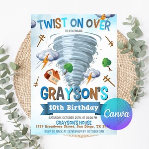 Könnte beinhalten: Eine Geburtstagseinladung mit einem Tornado-Thema. Die Einladung zeigt einen wirbelnden grauen Tornado, Blitze und den Text "Twist on Over to Celebrate". Sie enthält den Namen "Grayson's" und Details für eine 10. Geburtstagsfeier.